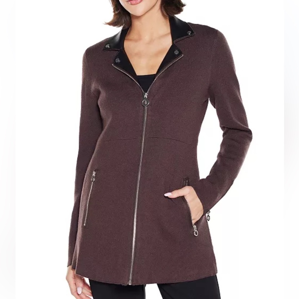 Belldini Women's Black Label Collared Sweater Jacket Chocolate Black